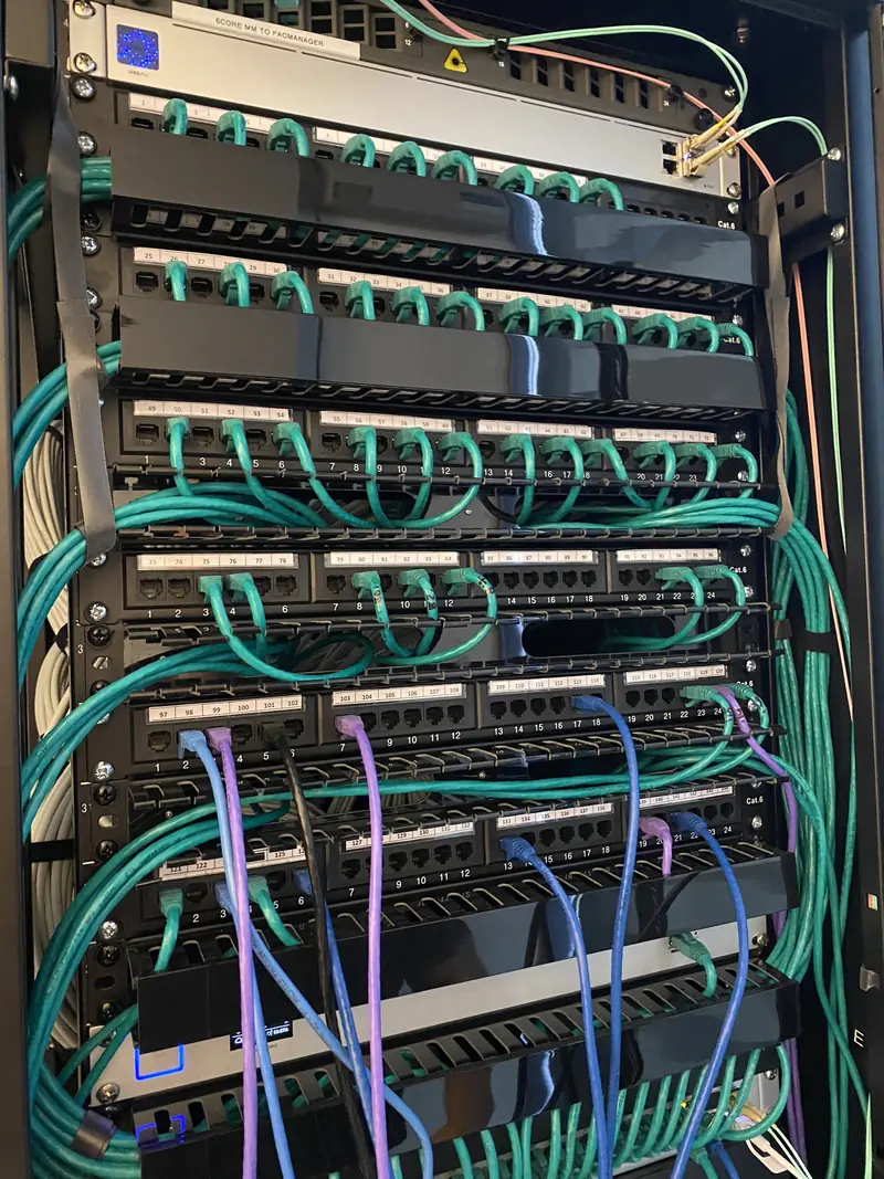 Colour-coded patch leads in a network rack